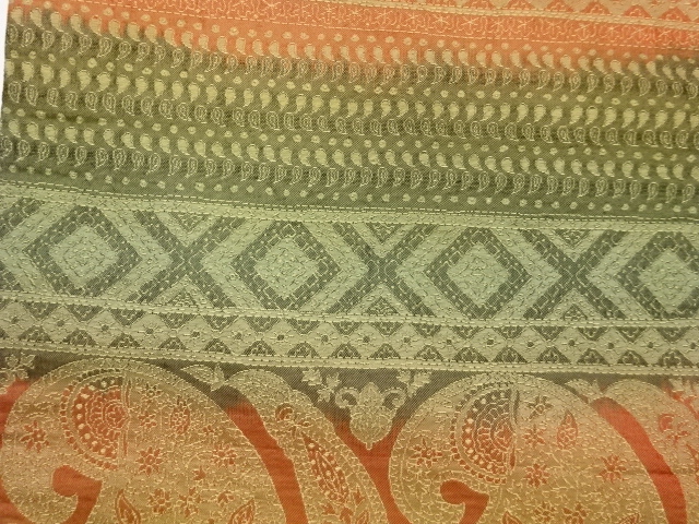  横段に花鳥・幾何学模様織出し袋帯